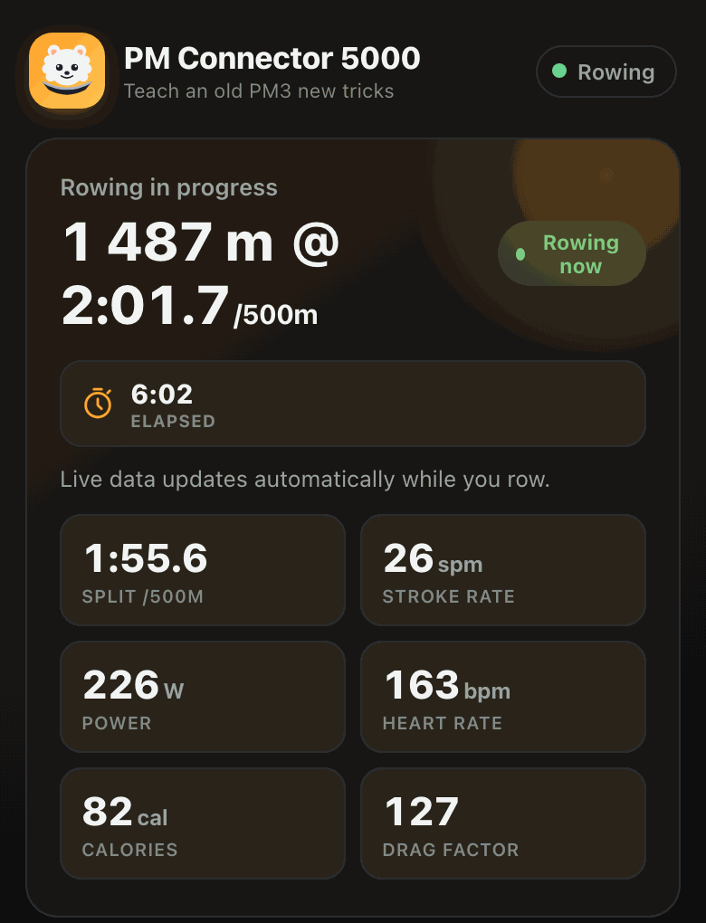 Live rowing screen on the on-device dashboard, showing distance, split, stroke rate, power, heart rate and calories updating in real time.