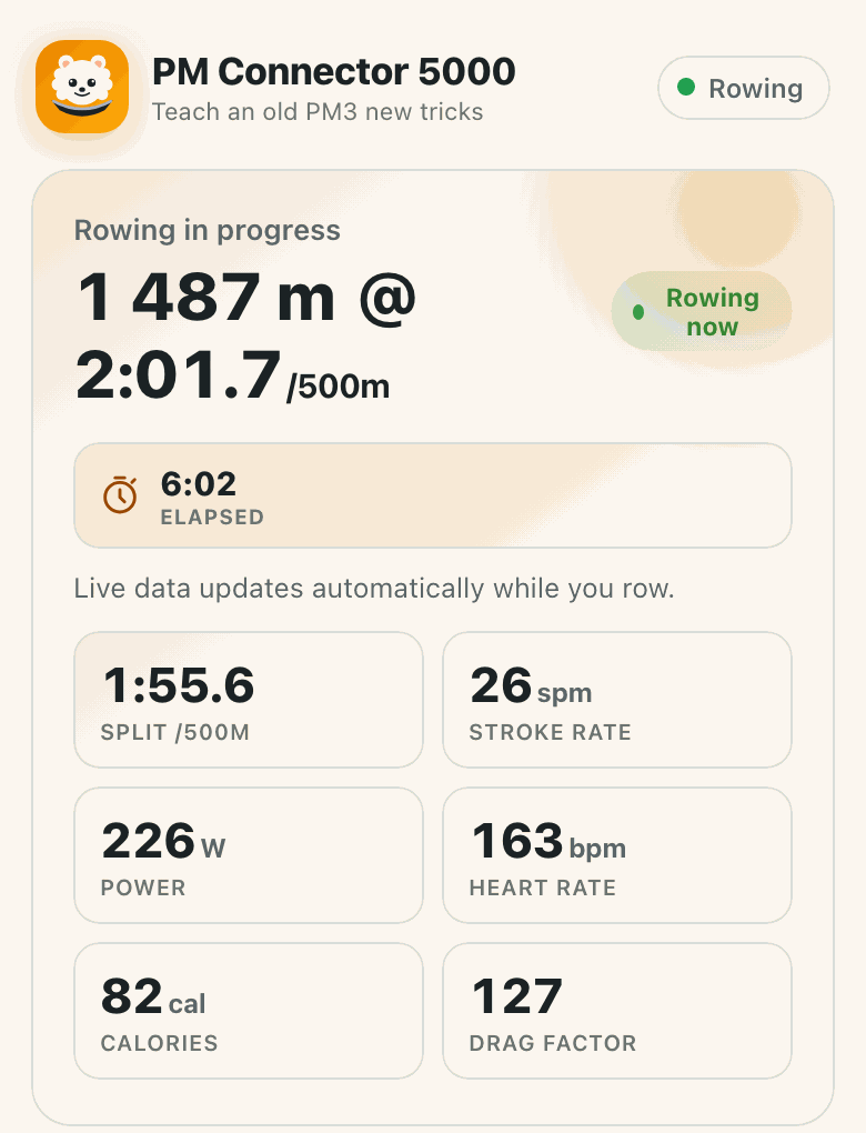 Live rowing screen on the on-device dashboard, showing distance, split, stroke rate, power, heart rate and calories updating in real time.